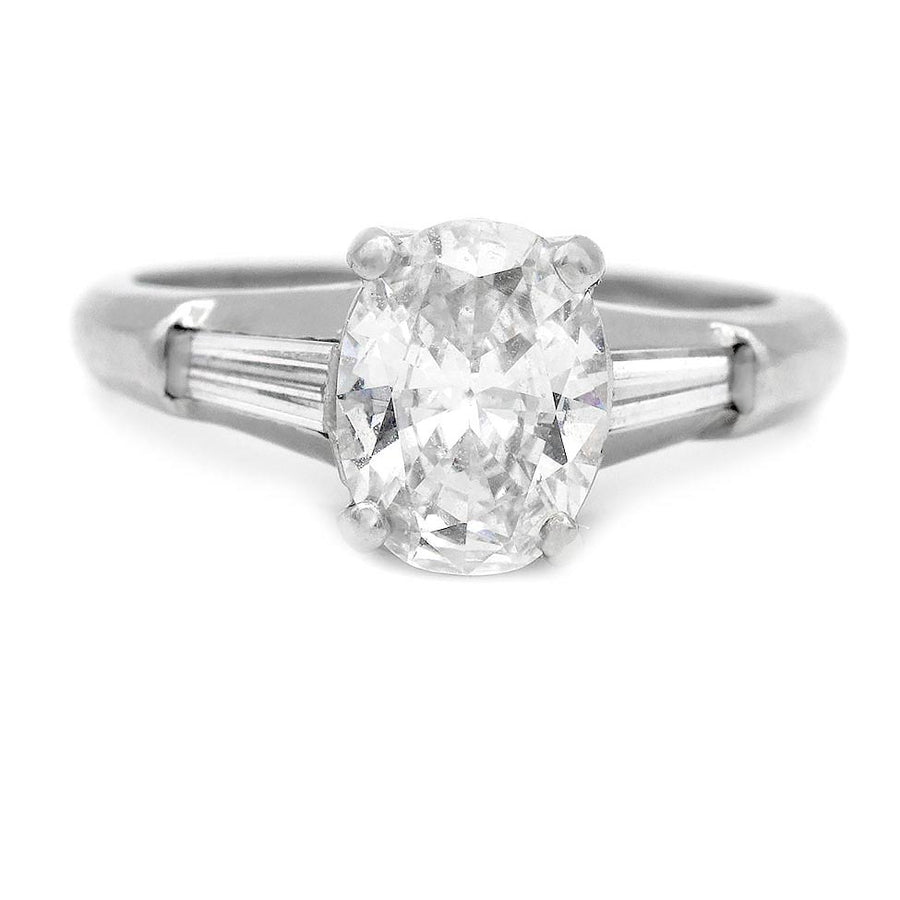 Vintage 1.20 Ct Oval Cut Diamond & Baguette Three-Stone Engagement Ring in Platinum