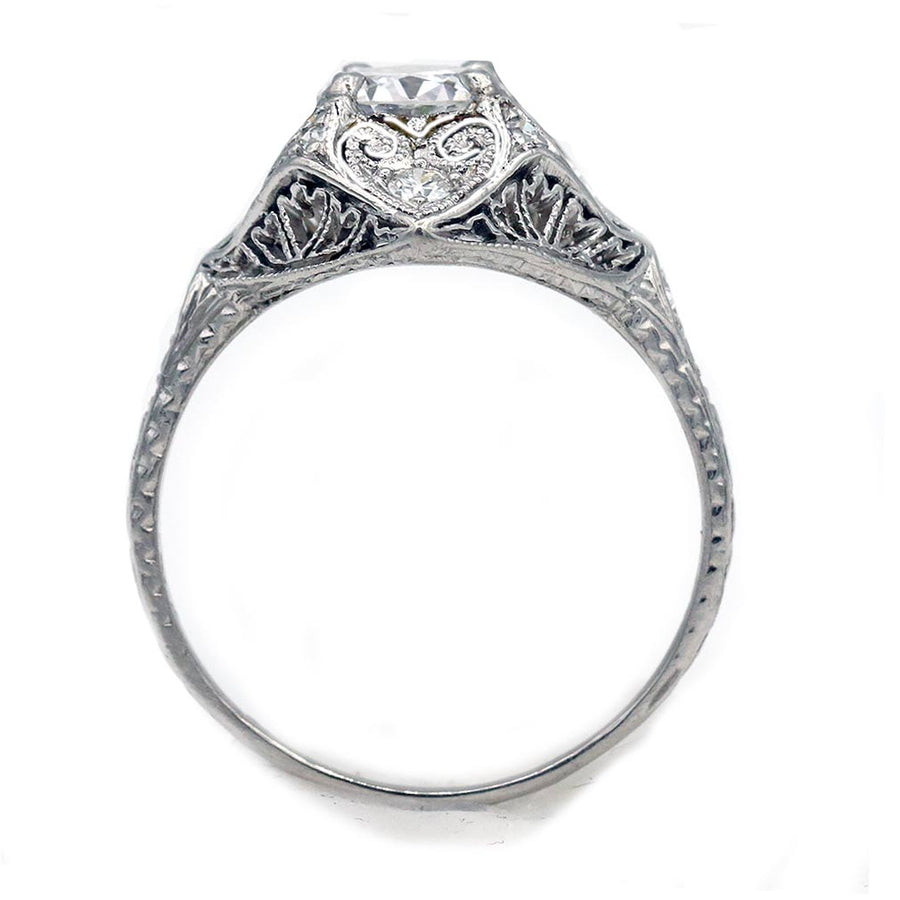 Art Deco .94 CTW Old European Cut Diamond Engagement Ring | Platinum Filigree | GIA F/SI2 | Circa 1930s