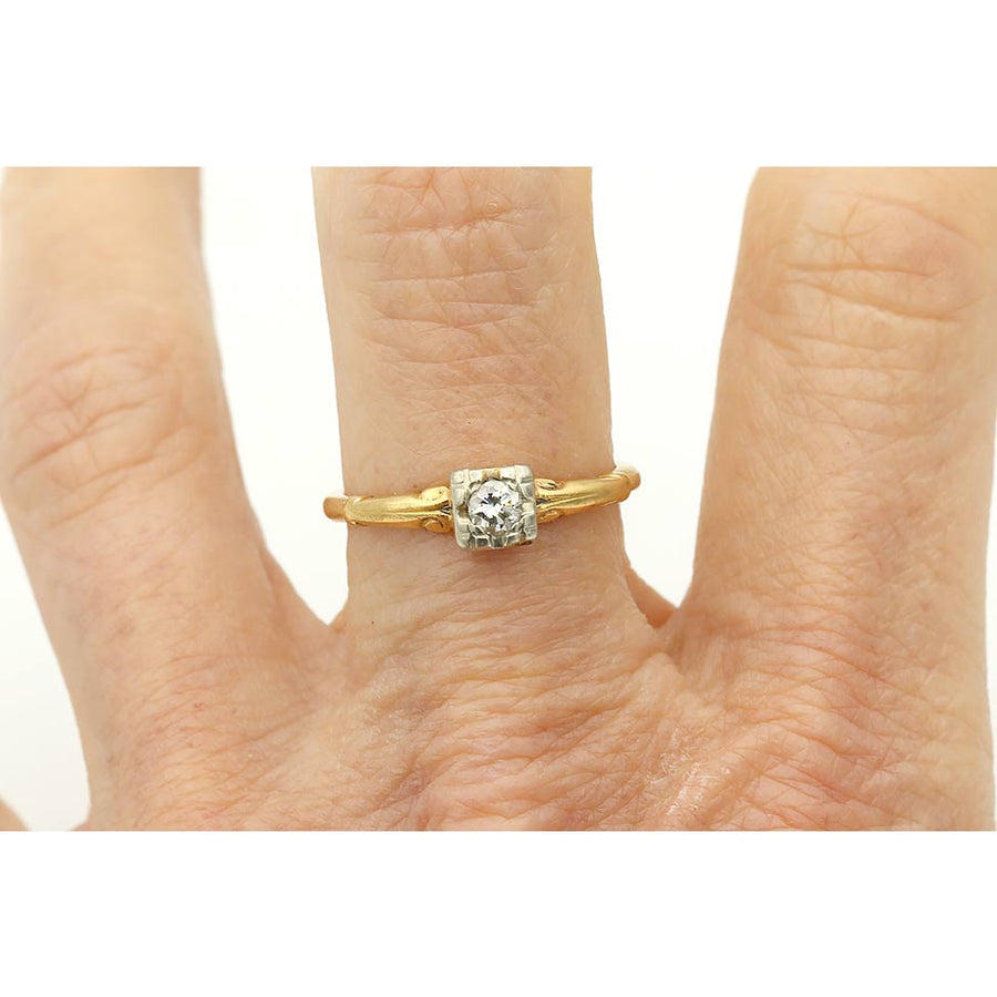 Vintage 1950s .20ct Transitional Cut Diamond Engagement Ring | G VS2 Two-Tone 14k Gold