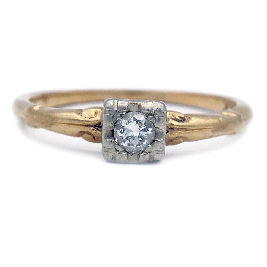 Vintage 1950s .20ct Transitional Cut Diamond Engagement Ring | G VS2 Two-Tone 14k Gold