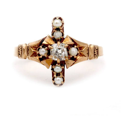 Victorian .20 CTW Old Mine Cut Diamond Pearl Antique Engagement Ring - Vintage Diamond Ring