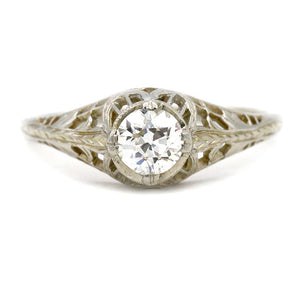 Art Deco .55 ct Old European cut diamond solitaire engagement ring in 18k white gold