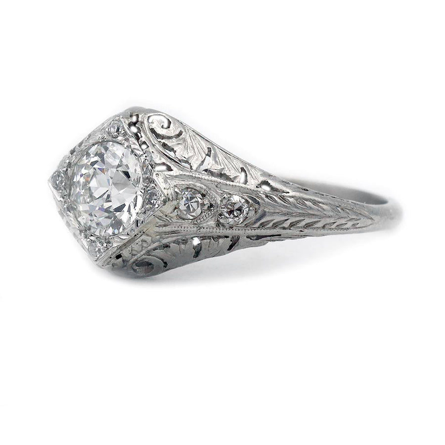 Art Deco .97 CTW Old European Cut Diamond Platinum Engagement Ring GIA G/VS2