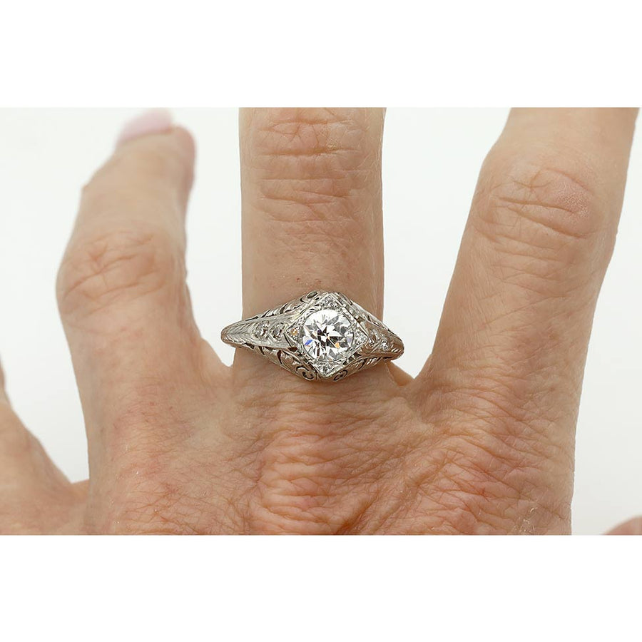 Art Deco .97 CTW Old European Cut Diamond Platinum Engagement Ring GIA G/VS2