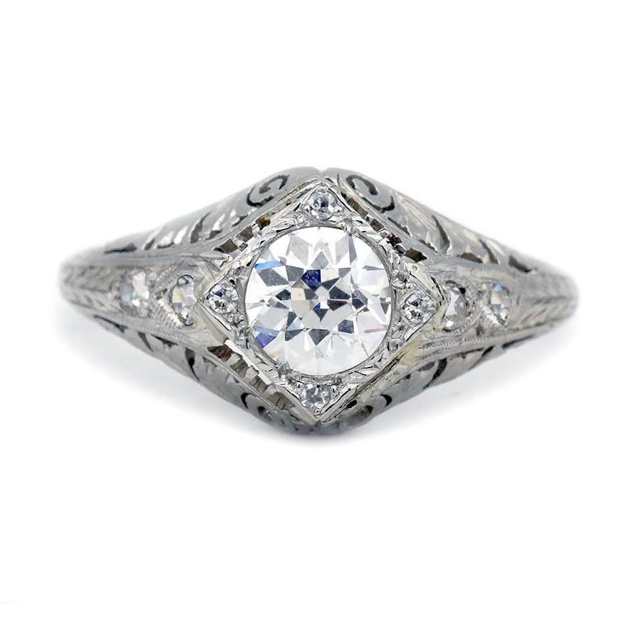 Art Deco .97 CTW Old European Cut Diamond Platinum Engagement Ring GIA G/VS2