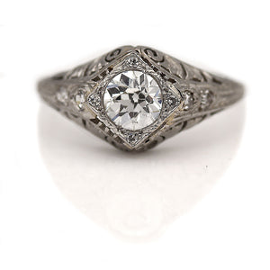 Art Deco .97 CTW Diamond Platinum Vintage Diamond Engagement Ring GIA G/VS2