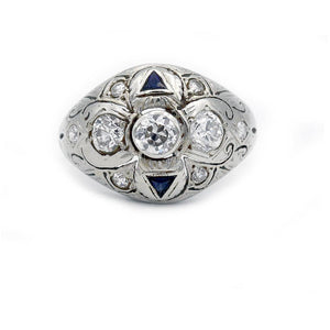 Unique Art Deco 1.00 CTW Diamond & Sapphire Dome Antique Engagement Ring - Vintage Diamond Ring