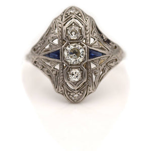 Vintage .75 CTW Art Deco Three Stone Engagement Ring with Sapphire Sidestones