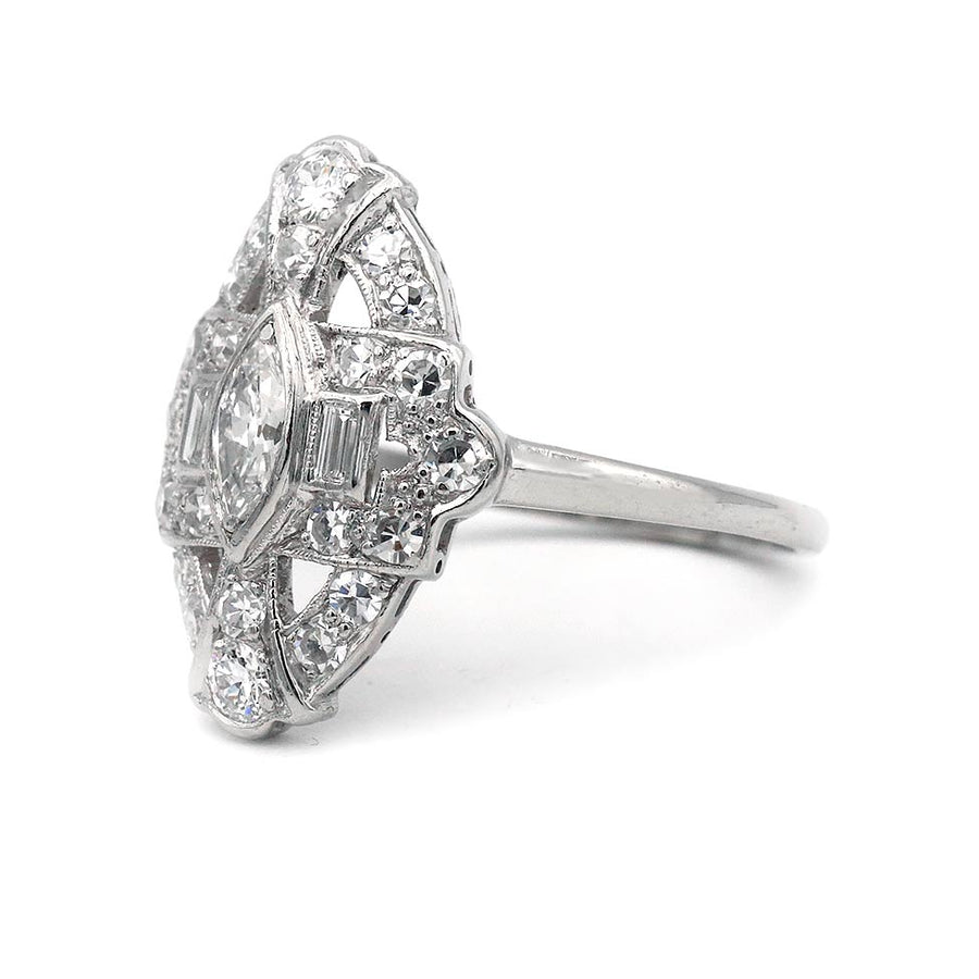 Mid-Century .70 CTW Bezel Set Old Mine Cut Marquise Diamond Vintage Dinner Ring