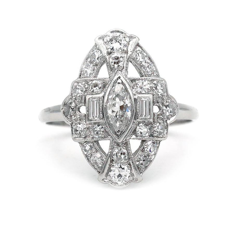 Mid-Century .70 CTW Bezel Set Old Mine Cut Marquise Diamond Vintage Dinner Ring