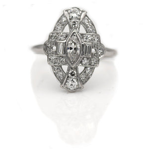 Mid-Century .70 CTW Bezel Set Old Mine Cut Marquise Diamond Vintage Dinner Ring