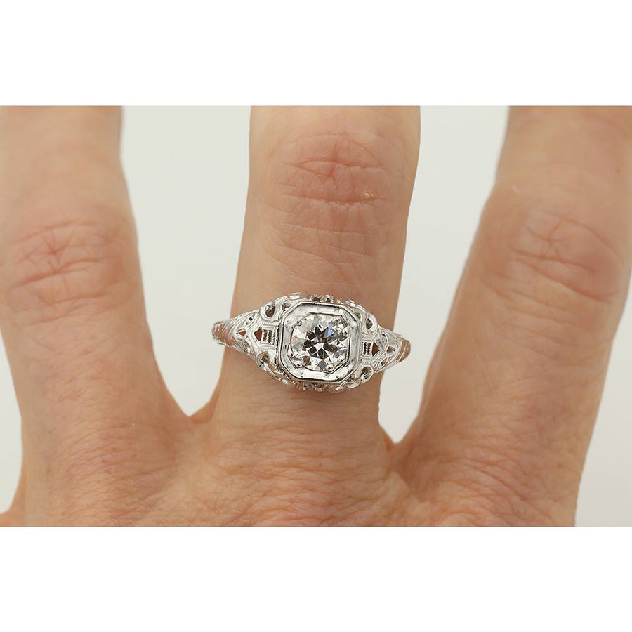 Art Deco Old European Cut Diamond Solitaire Engagement Ring in 18K White Gold | 1930s