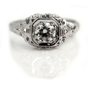 Art Deco .70 CTW Old European Cut Diamond Solitaire Engagement Ring GIA F/I1