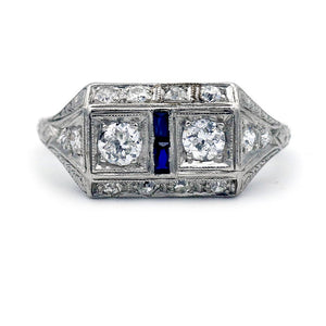 Art Deco Toi et Moi .68 CTW Mine Cut Diamond Sapphire Two Stone Antique Engagement Ring - Vintage Diamond Ring