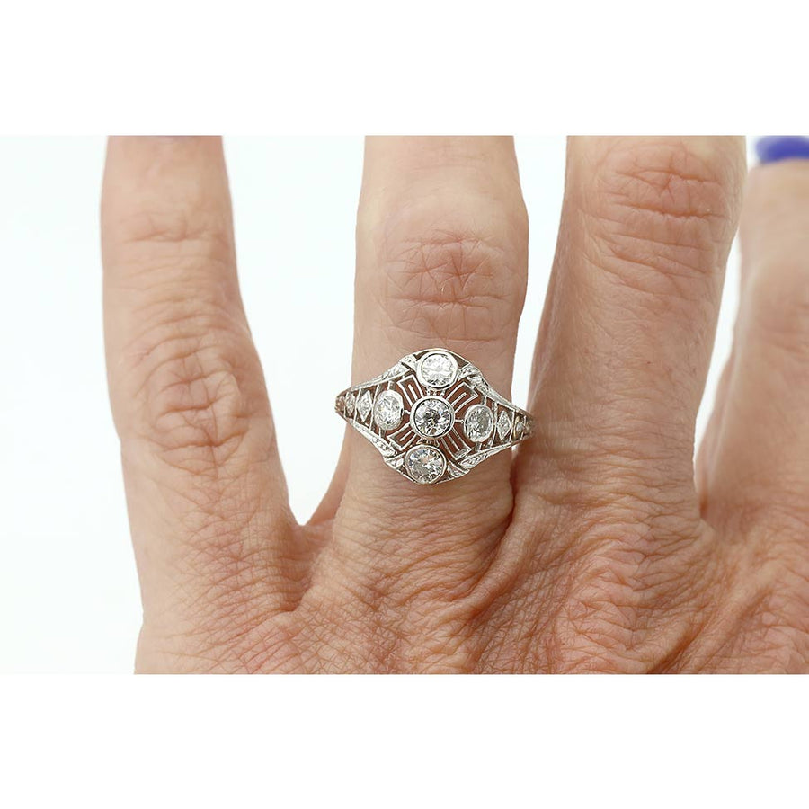 Art Deco .90 CTW Old Mine Cut Diamond Cocktail Ring in 18K White Gold