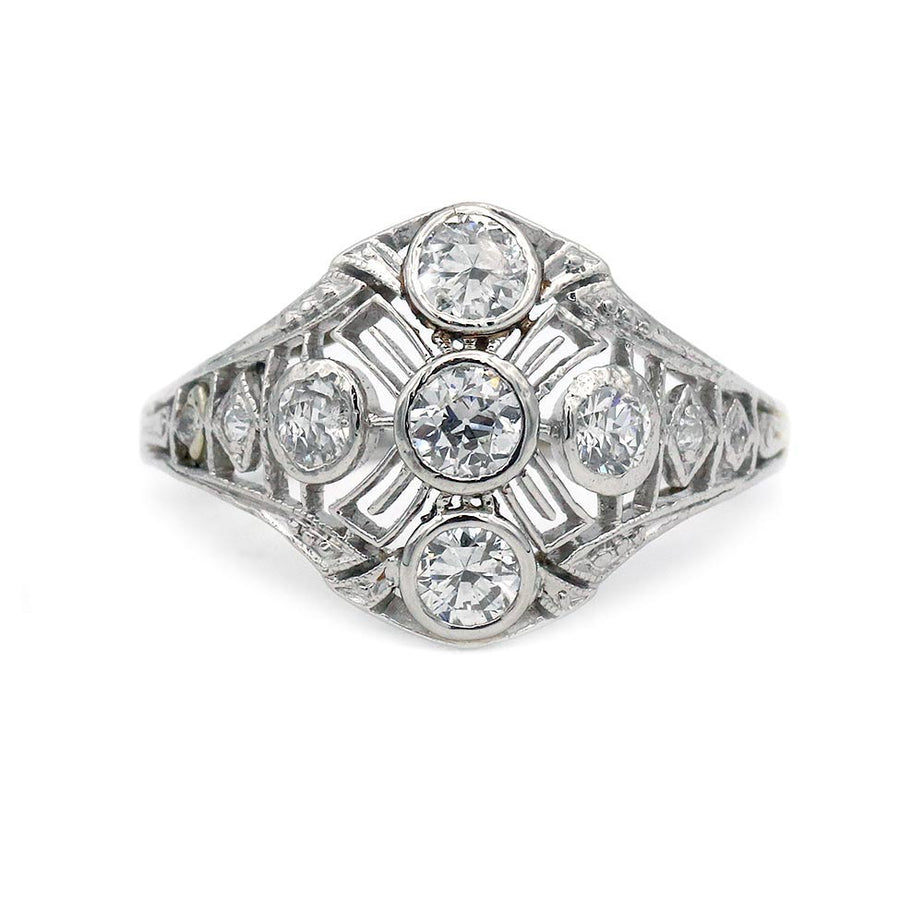 Art Deco .90 CTW Old Mine Cut Diamond Cocktail Ring in 18K White Gold