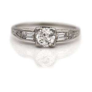 Art Deco .80 CTW Old Euro Baguette & Kite Shape Diamond Platinum Antique Engagement Ring - Vintage Diamond Ring