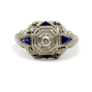 Art Deco .55 CTW Mine Cut Diamond Vintage Engagement Ring Sapphire Side Stones - Vintage Diamond Ring
