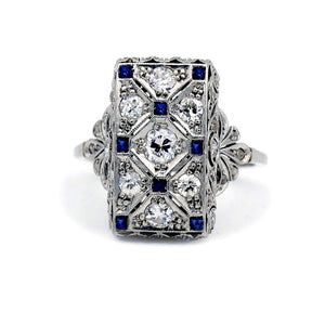 Art Deco 1.60 CTW Diamond & Square Cut Sapphire Vintage Cocktail Ring - Vintage Diamond Ring