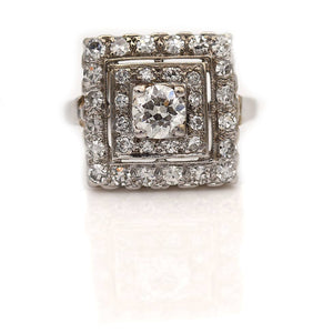 Mid-Century 1.15 CTW Square Halo European Cut Diamond Vintage Cocktail Ring - Vintage Diamond Ring