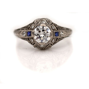 Vintage .99 CTW European Cut Diamond Square Cut Sapphire Art Deco Engagement Ring