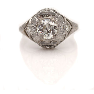 Art Deco .98 CTW Hand Crafted Old European Cut Diamond Vintage Engagement Ring GIA J/SI2