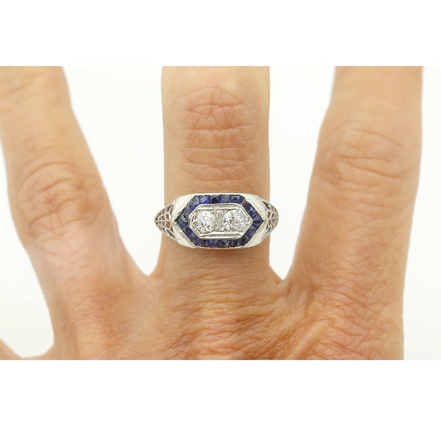 Art Deco .80 CTW Old Mine Cut Diamond & Burma Sapphire Wedding Ring in 18K White Gold