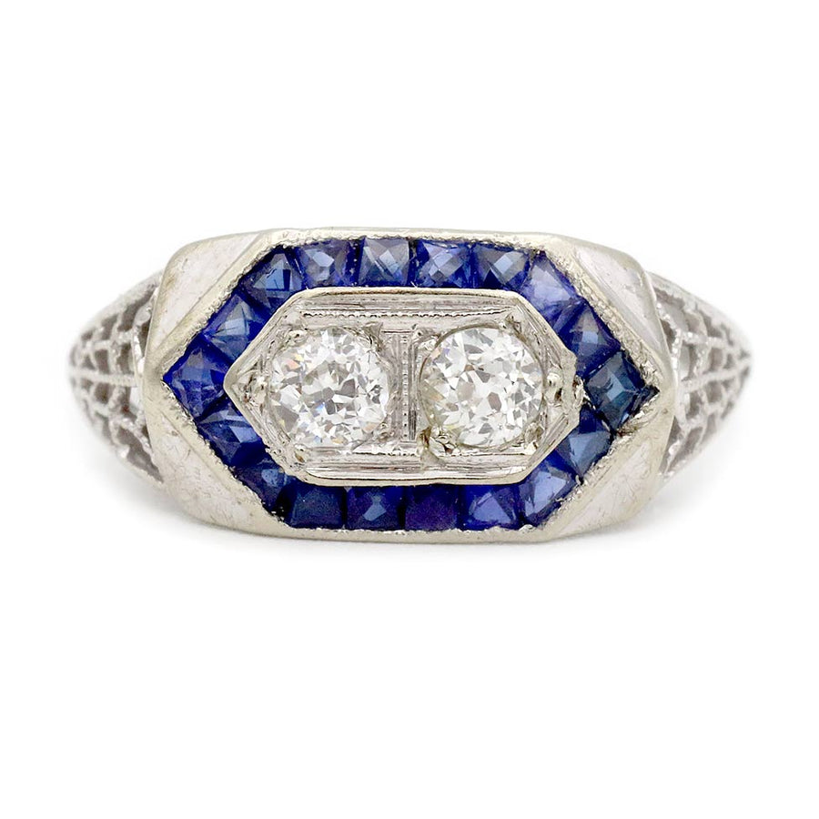 Art Deco .80 CTW Old Mine Cut Diamond & Burma Sapphire Wedding Ring in 18K White Gold