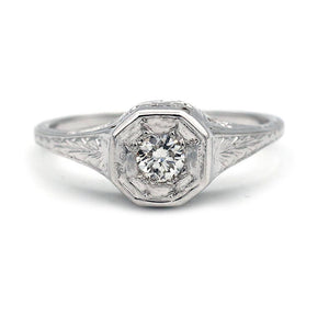 Art Deco .25 CTW Transitional Cut Solitaire 18 Karat White Gold Antique Engagement Ring - Vintage Diamond Ring