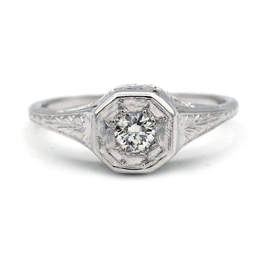 Art Deco .25 CTW Transitional Cut Solitaire 18 Karat White Gold Antique Engagement Ring - Vintage Diamond Ring