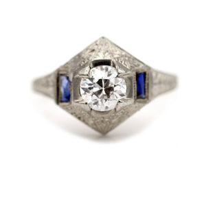 Antique .73 CTW Diamond Art Deco Engagement Ring with Sapphire Baguettes GIA H/SI1