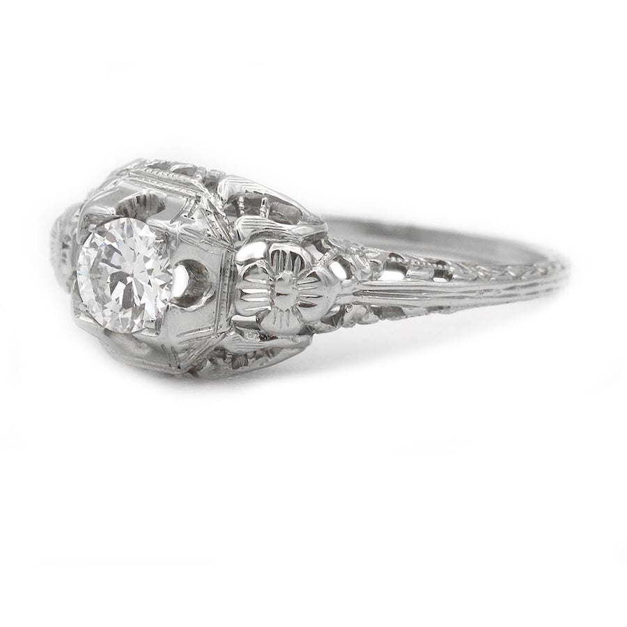 Art Deco .35 Ct Old European Cut Floral Engagement Ring in 18K White Gold