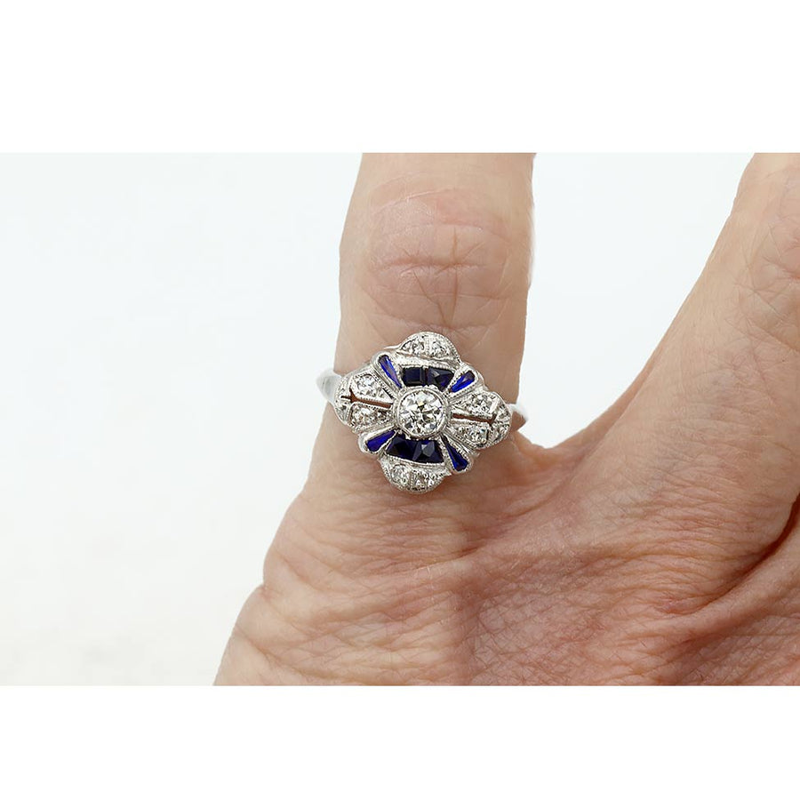 Art Deco .81 CTW Blue Sapphire & .25ct Diamond Engagement Ring | Circa 1930s 14k White Gold