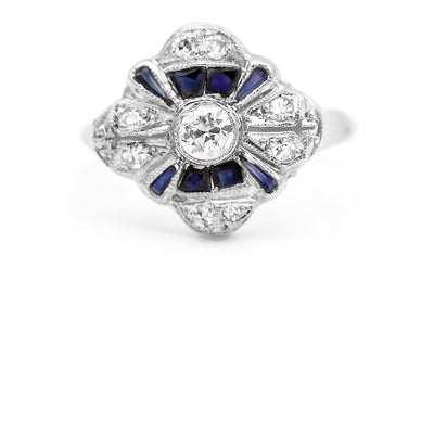 Art Deco .81 CTW Bezel Set European Cut Diamond Sapphire Engagement Ring