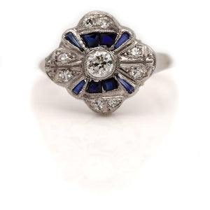 Art Deco .81 CTW Bezel Set European Cut Diamond Sapphire Engagement Ring - Vintage Diamond Ring