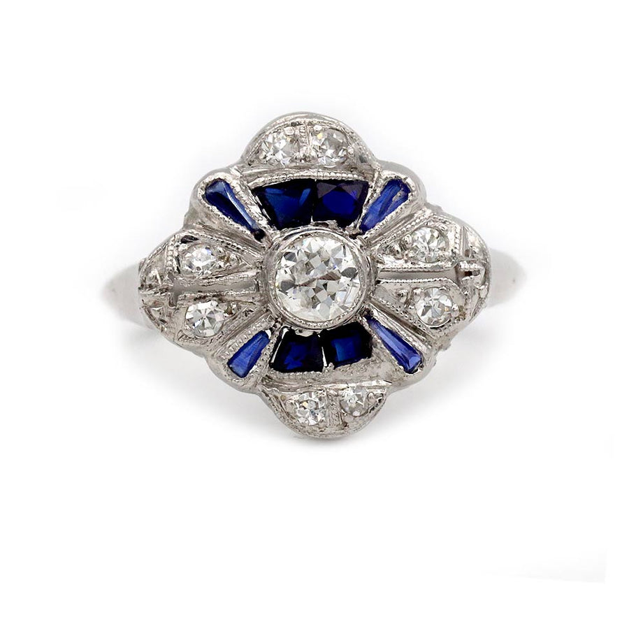 Art Deco .81 CTW Blue Sapphire & .25ct Diamond Engagement Ring | Circa 1930s 14k White Gold