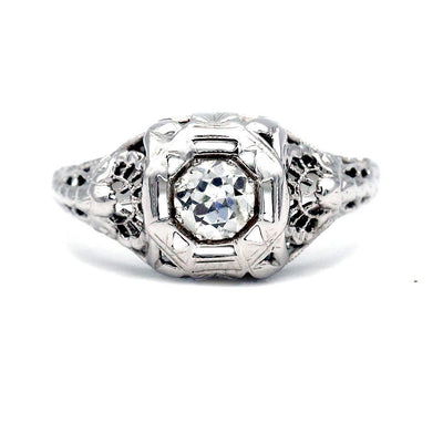 Vintage .35 Ct 14 Karat White Gold Art Deco Diamond Solitaire Engagement Ring