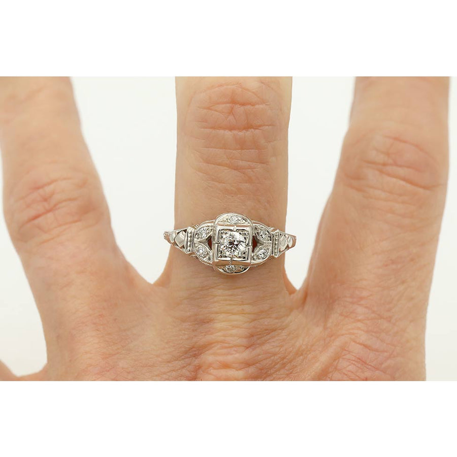 Art Deco .37 CTW Old European Cut Diamond White Gold Antique Engagement Ring – 1920s
