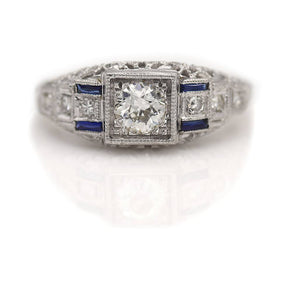 Art Deco .80 CTW European Cut Sapphire Diamond Vintage Engagement Ring GIA I/VS2