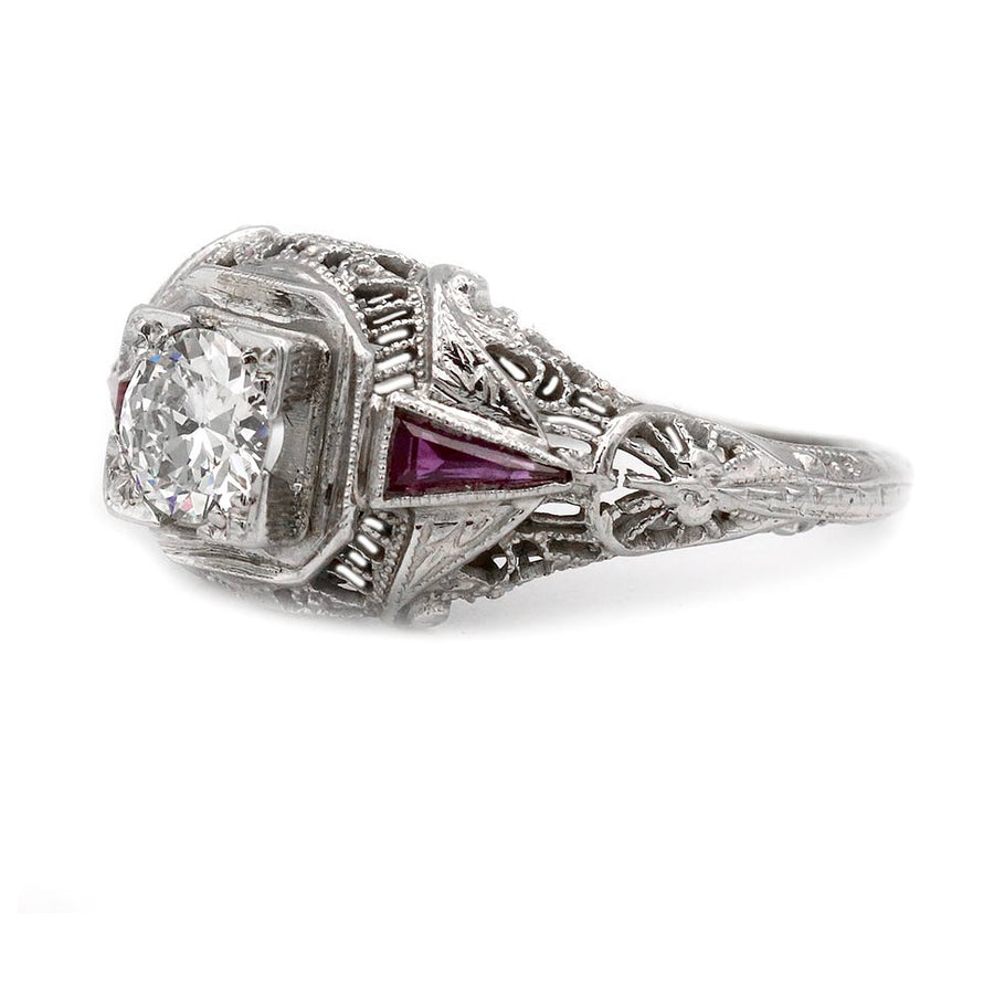Art Deco Old European Cut Diamond & Ruby Ring .50 CT in 14K White Gold