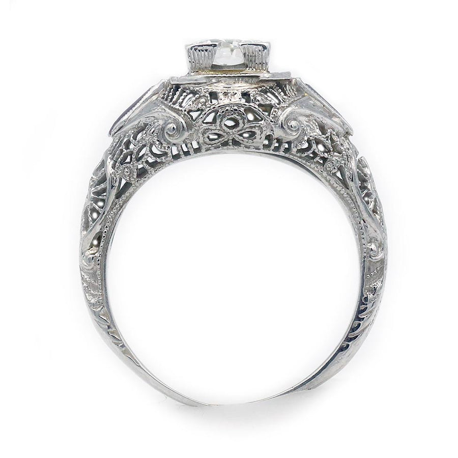 Art Deco Old European Cut Diamond & Ruby Ring .50 CT in 14K White Gold