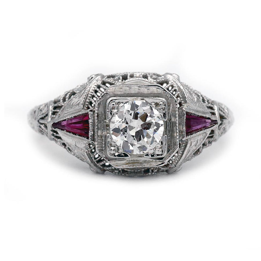 Art Deco Old European Cut Diamond & Ruby Ring .50 CT in 14K White Gold