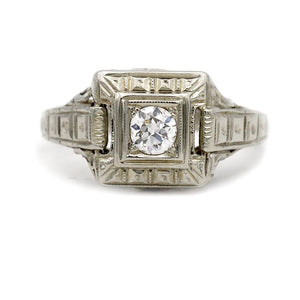 art deco square old european cut diamond engagement ring in 18k white gold with filigree