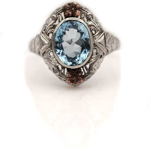 Art Deco Aquamarine 2.00 CTW Bezel Set Two Tone Blue Gemstone Engagement Ring