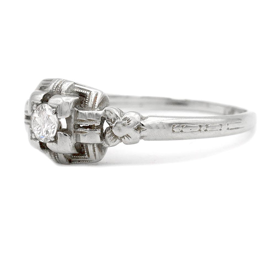 Art Deco .25ct Old European Cut Diamond Engagement Ring | F VS2 18k White Gold Square Floral Frame