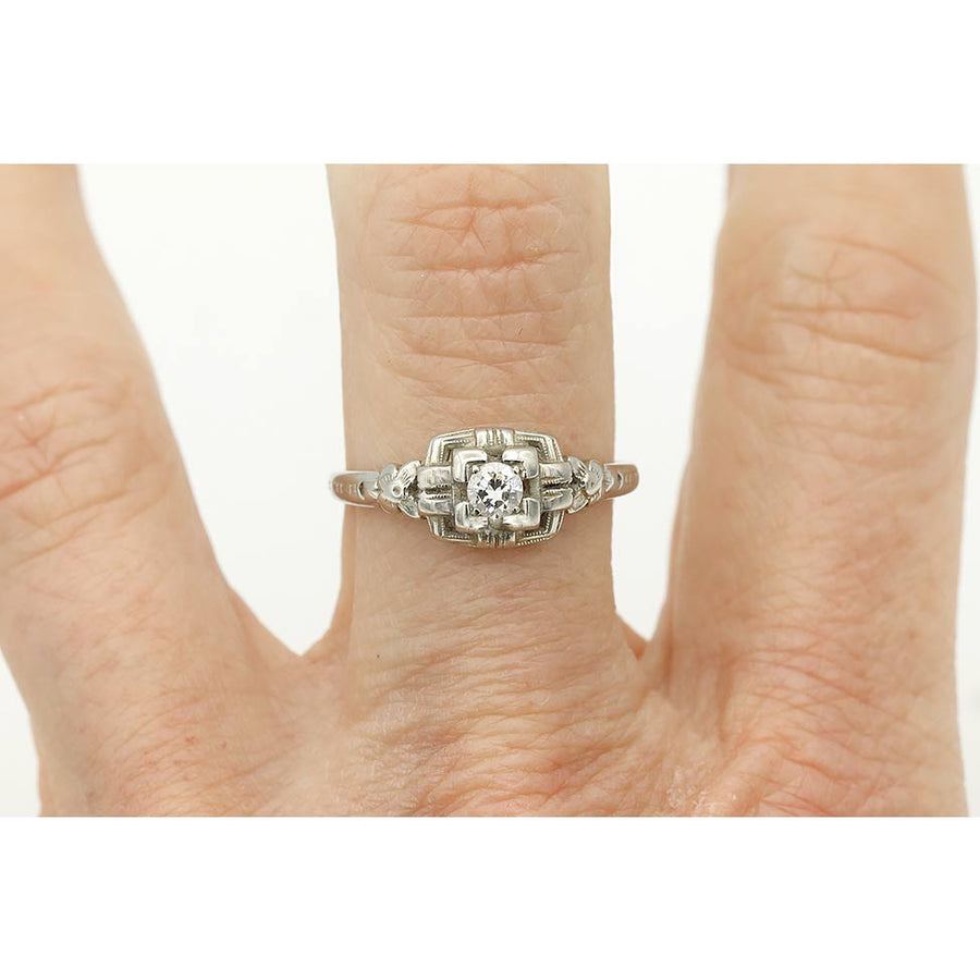 Art Deco .25ct Old European Cut Diamond Engagement Ring | F VS2 18k White Gold Square Floral Frame