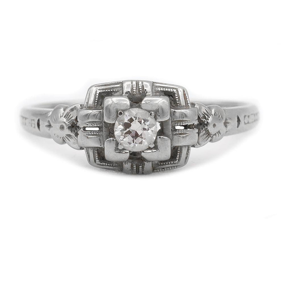 Art Deco .25ct Old European Cut Diamond Engagement Ring | F VS2 18k White Gold Square Floral Frame
