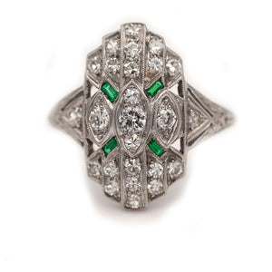 Art Deco 1.03 CTW European Cut Diamond Emerald Platinum Vintage Cocktail Ring
