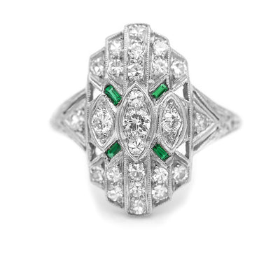 Art Deco 1.03 CTW European Cut Diamond Emerald Platinum Vintage Cocktail Ring