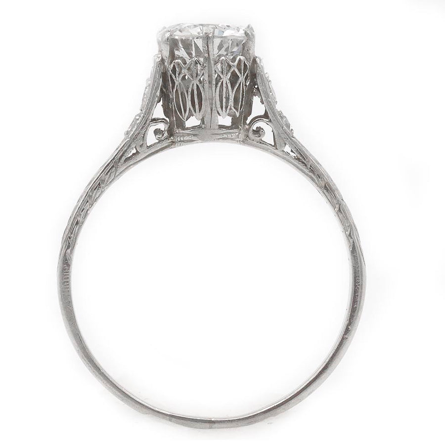 Vintage Old European Cut Diamond Art Deco Engagement Ring .85 CT Platinum Filigree Band Circa 1920s